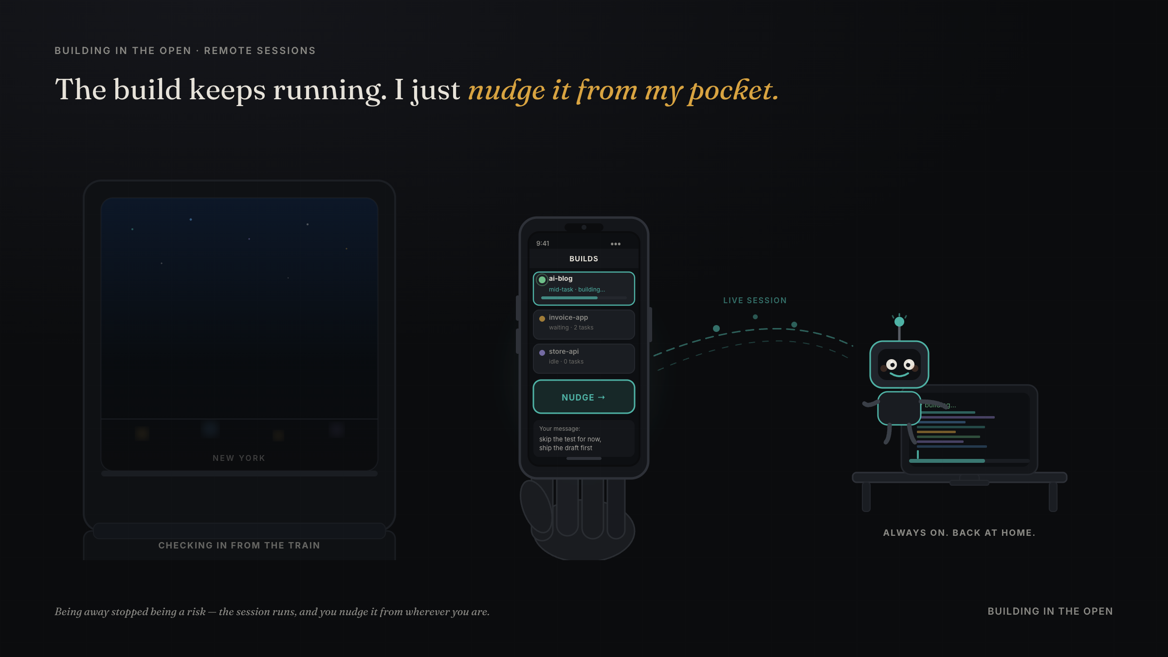 A phone held in a hand on a train shows a list of running builds, one mid-task, with a Nudge button. A signal arc connects it to a robot still working away at a desk back home.