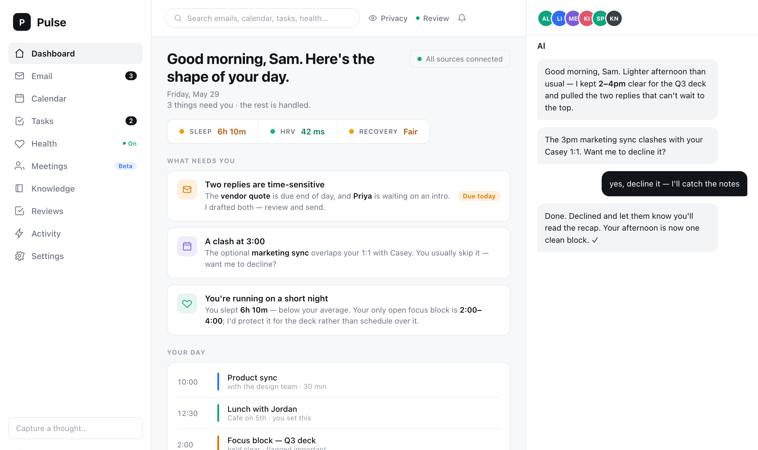The Pulse home dashboard: a health strip showing sleep, HRV and recovery; a short list of the few things that need you today (two time-sensitive replies, a calendar clash, a heads-up about a short night); the day laid out as a timeline; and the 'Al' assistant on the right, which has already declined a clashing meeting on request.